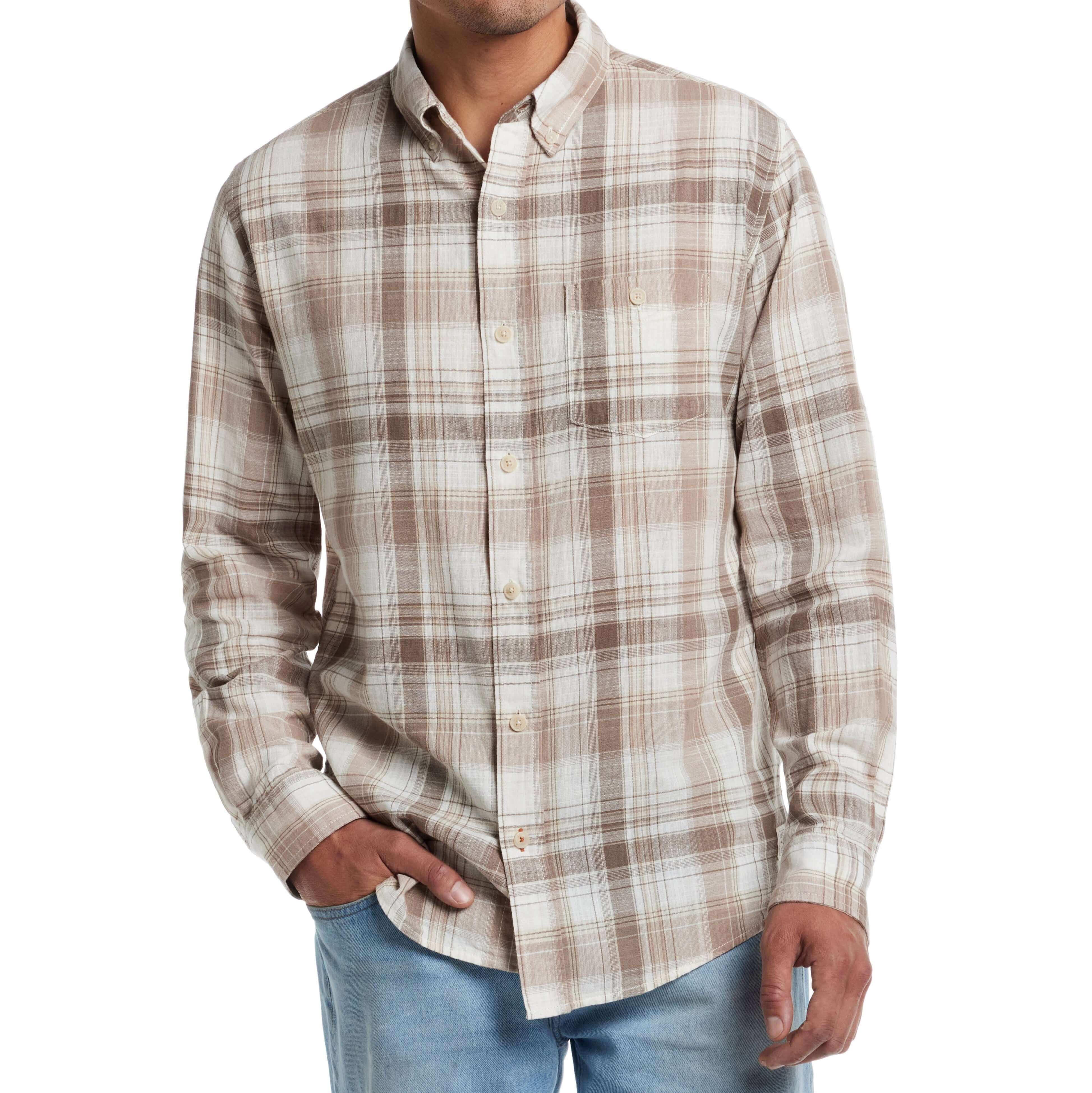 Men's long sleeve plaid button-down shirt in natural faux linen look, featuring cuffed sleeves and classic fit.