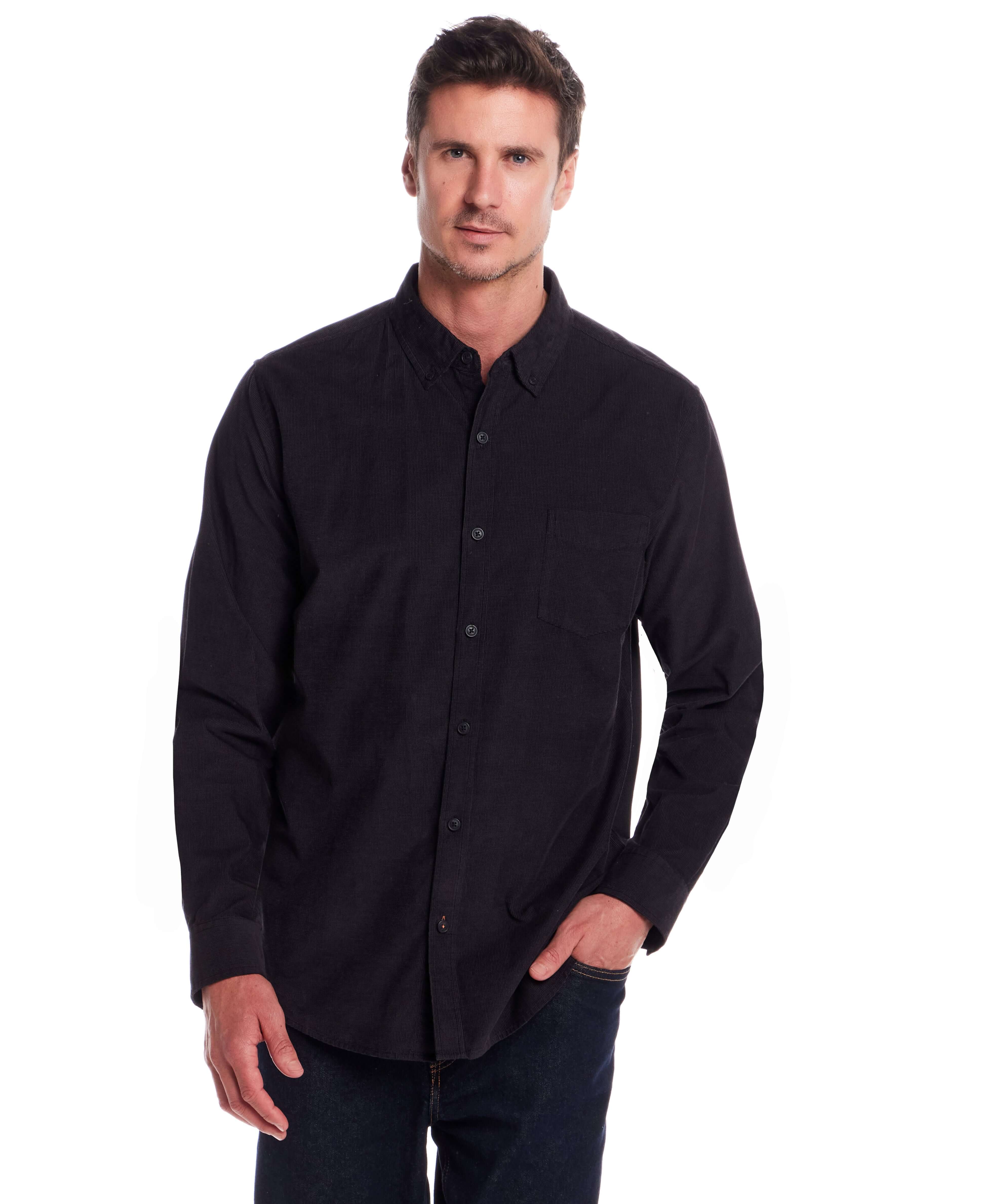 Long Sleeve Pebble Corduroy Shirt in Forged Iron modeled by a man with a button-down collar and single chest pocket.