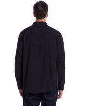 Long Sleeve Pebble Corduroy Shirt in Forged Iron, back view showcasing button-down collar and cuffed sleeves.