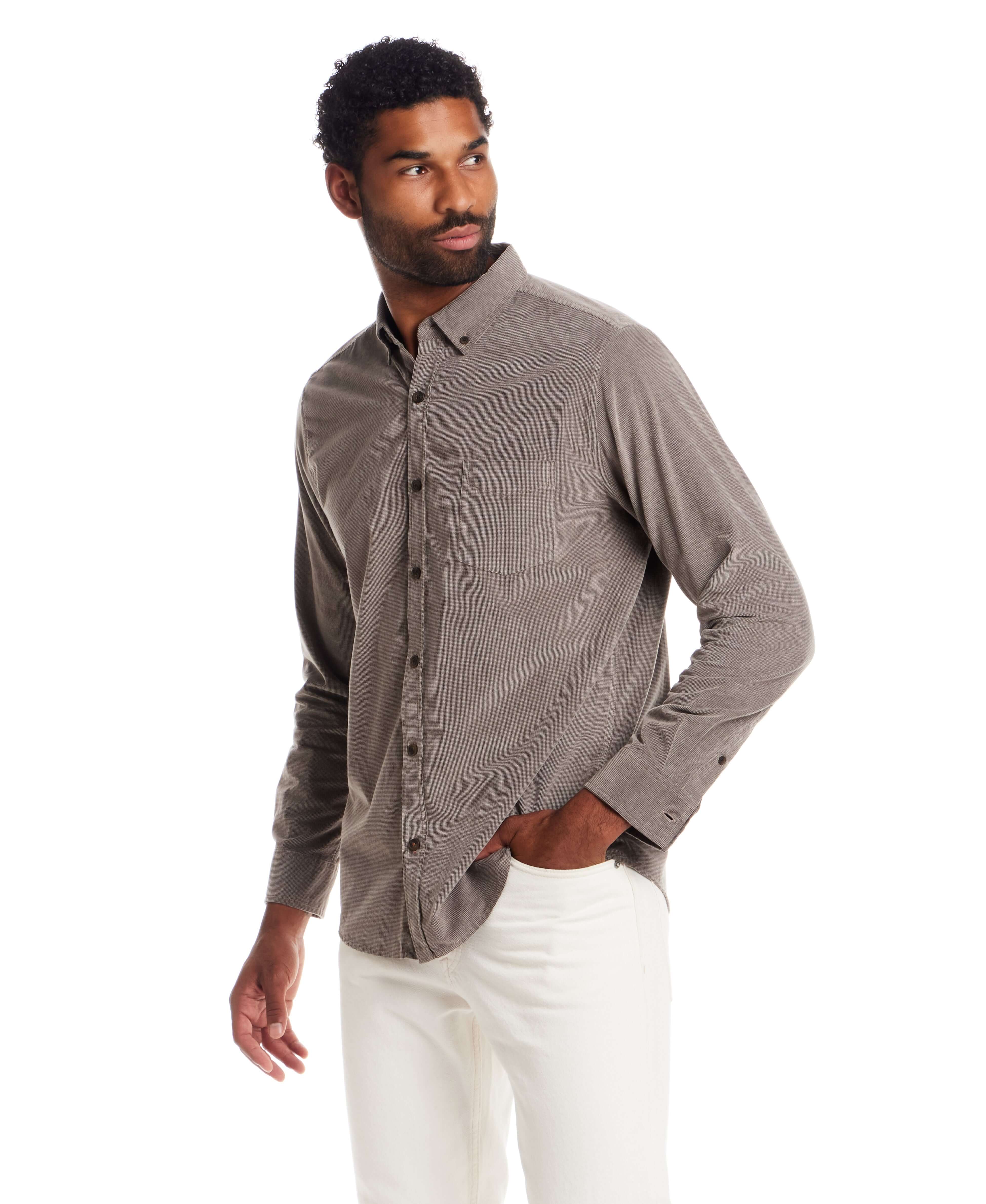 Long Sleeve Pebble Corduroy Shirt in Mountain Trail displayed on model with button-down collar and cuffed sleeves.