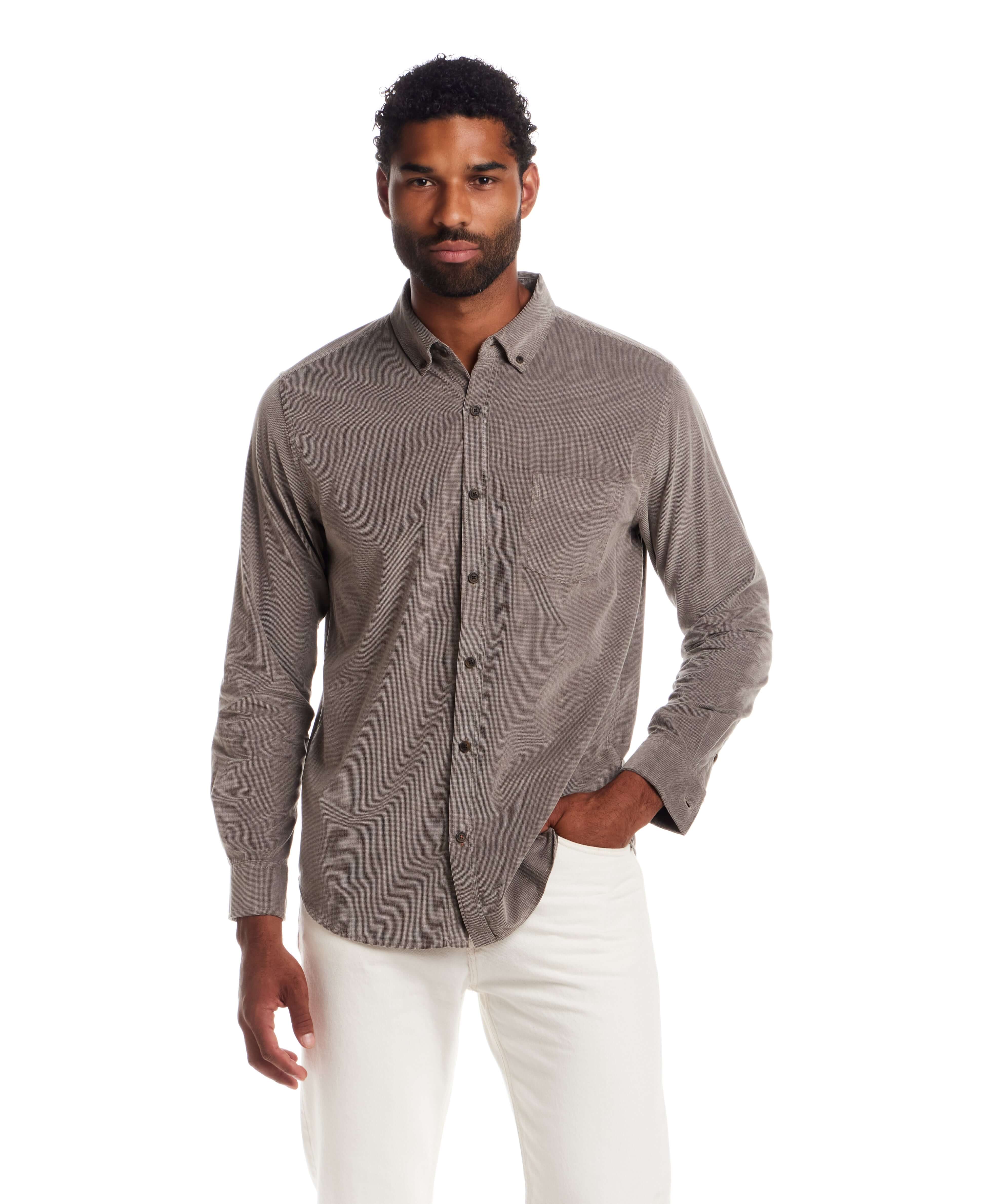 Long Sleeve Pebble Corduroy Shirt in Mountain Trail modeled by a man, showcasing casual style with button-down collar.