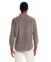 Long Sleeve Pebble Corduroy Shirt in Mountain Trail shown from the back, featuring a button-down collar.
