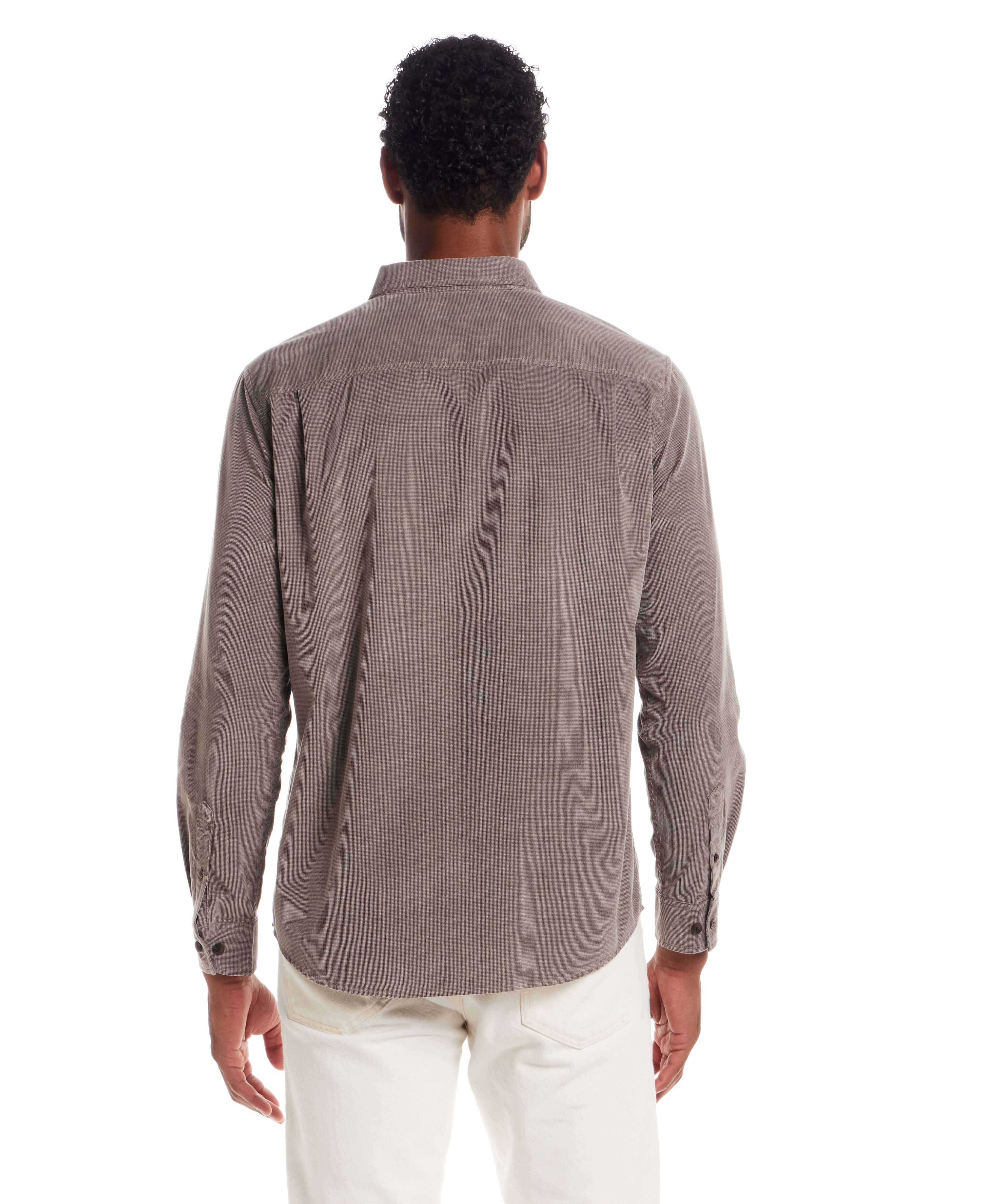 Long Sleeve Pebble Corduroy Shirt in Mountain Trail shown from the back, featuring a button-down collar.