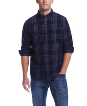 Men's long sleeve blue plaid cord shirt, perfect for casual styling with denim; soft, stretchy cotton blend.