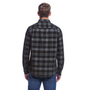 Back view of a man wearing a Long Sleeve Plaid Cord Shirt in Forest Night, showcasing its stylish plaid design.
