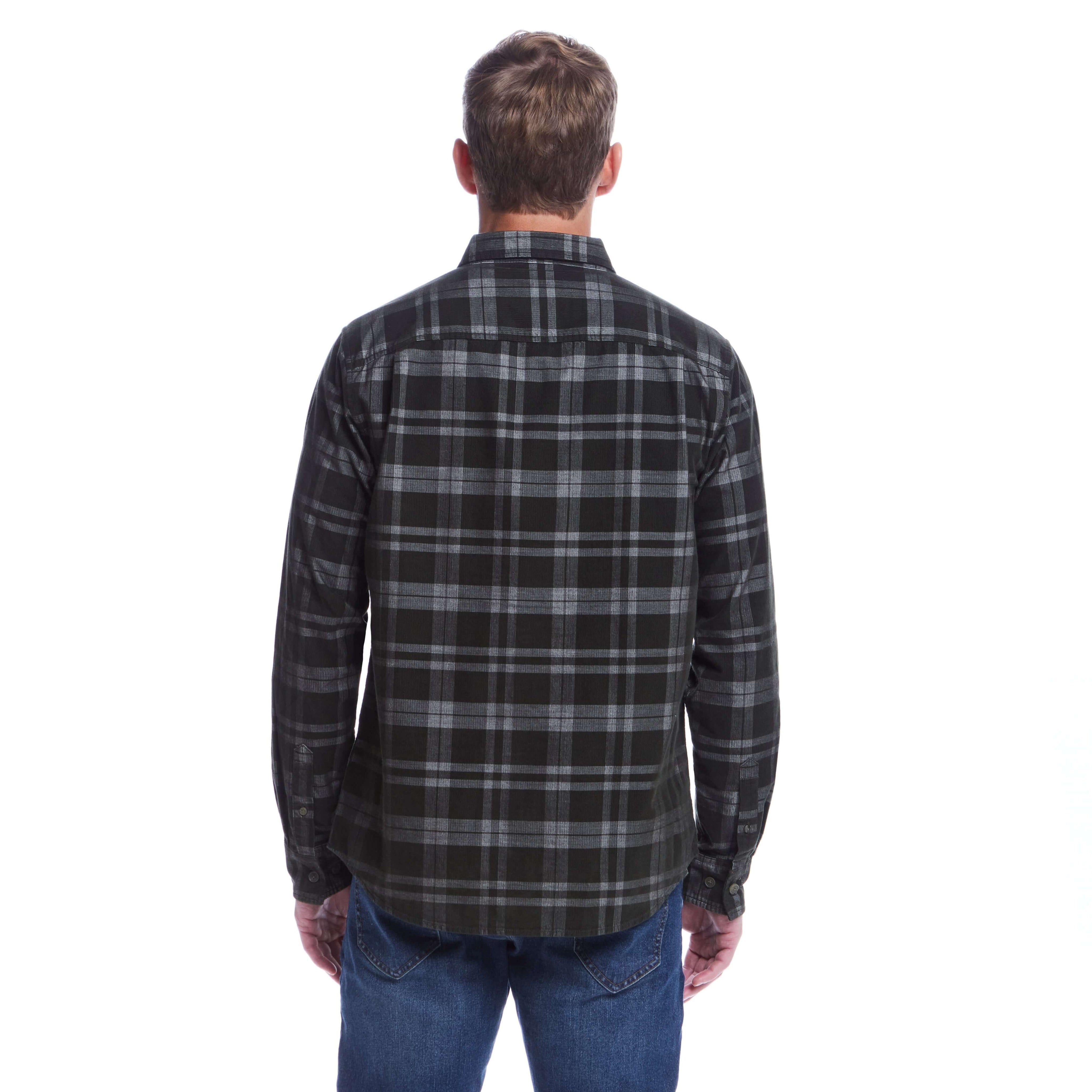 Back view of a man wearing a Long Sleeve Plaid Cord Shirt in Forest Night, showcasing its stylish plaid design.