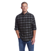 Long sleeve plaid cord shirt in Forest Night, featuring a button-down collar and buttoned chest pocket.