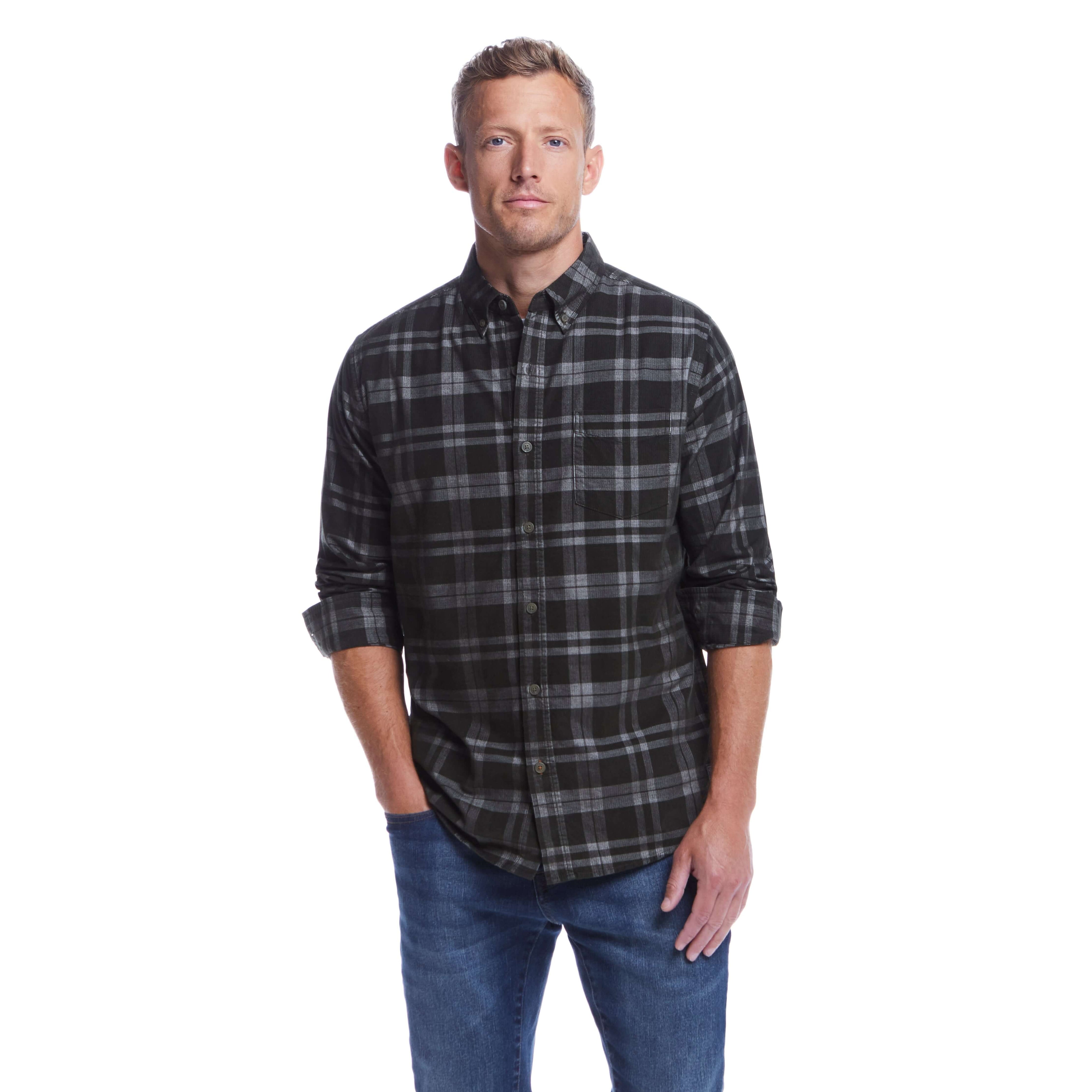 Long sleeve plaid cord shirt in Forest Night, featuring a button-down collar and buttoned chest pocket.