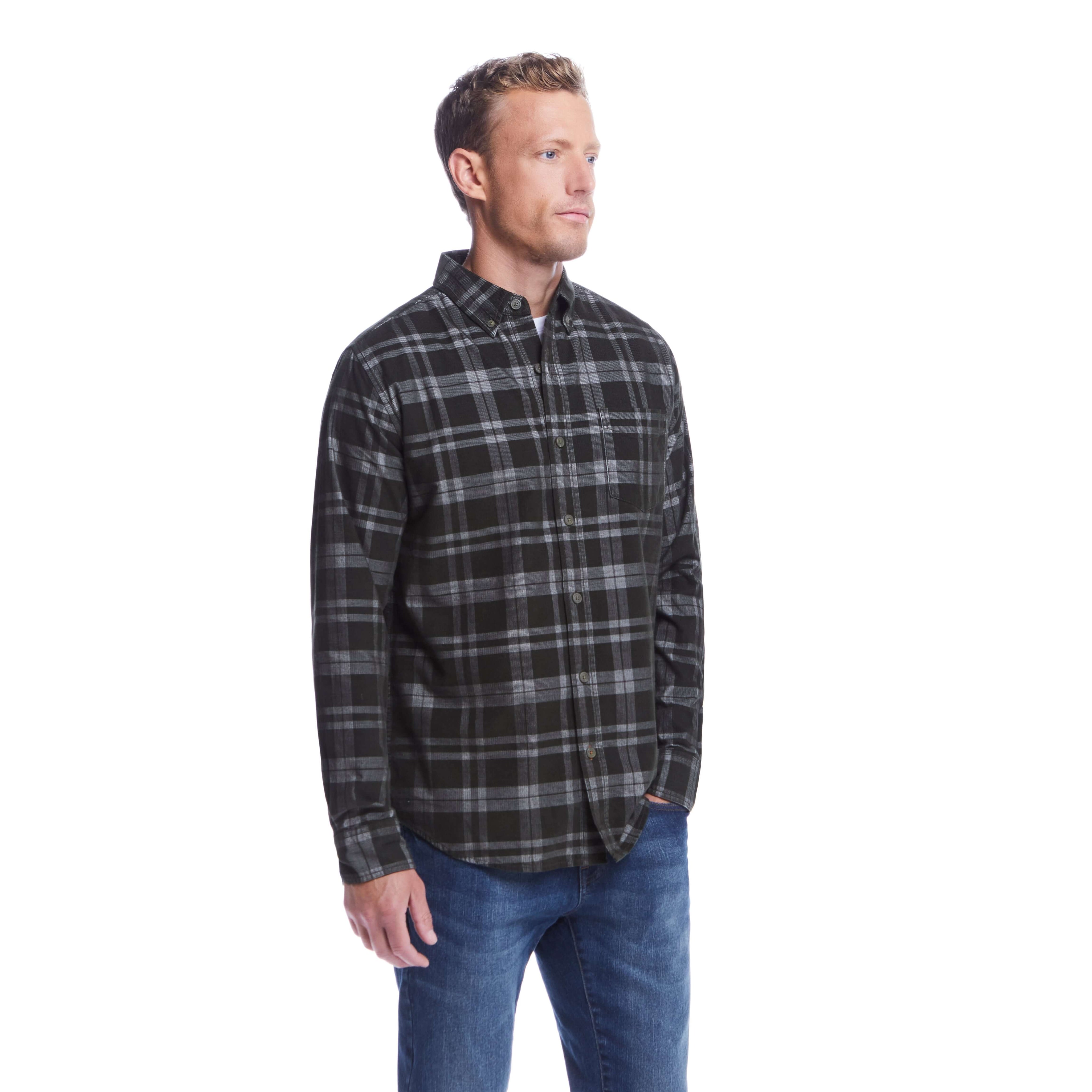 Long sleeve plaid cord shirt in Forest Night, model wearing stylish button-down collar corduroy shirt with buttoned chest pocket.