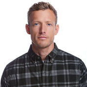 Long Sleeve Plaid Cord Shirt in Forest Night, model wearing button-down collar, soft, stretchy corduroy fabric.