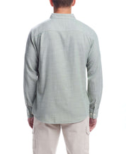 Long Sleeve Solid Cotton Twill Shirt In Hedge Green shown from the back, highlighting its button-down collar and shirttail hem.