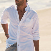 Stylish man wearing a white button-up shirt on the beach, enjoying a sunny day, perfect for casual summer outings.