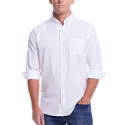 Men's long sleeve solid cotton twill shirt in white with button-down collar and chest pocket.