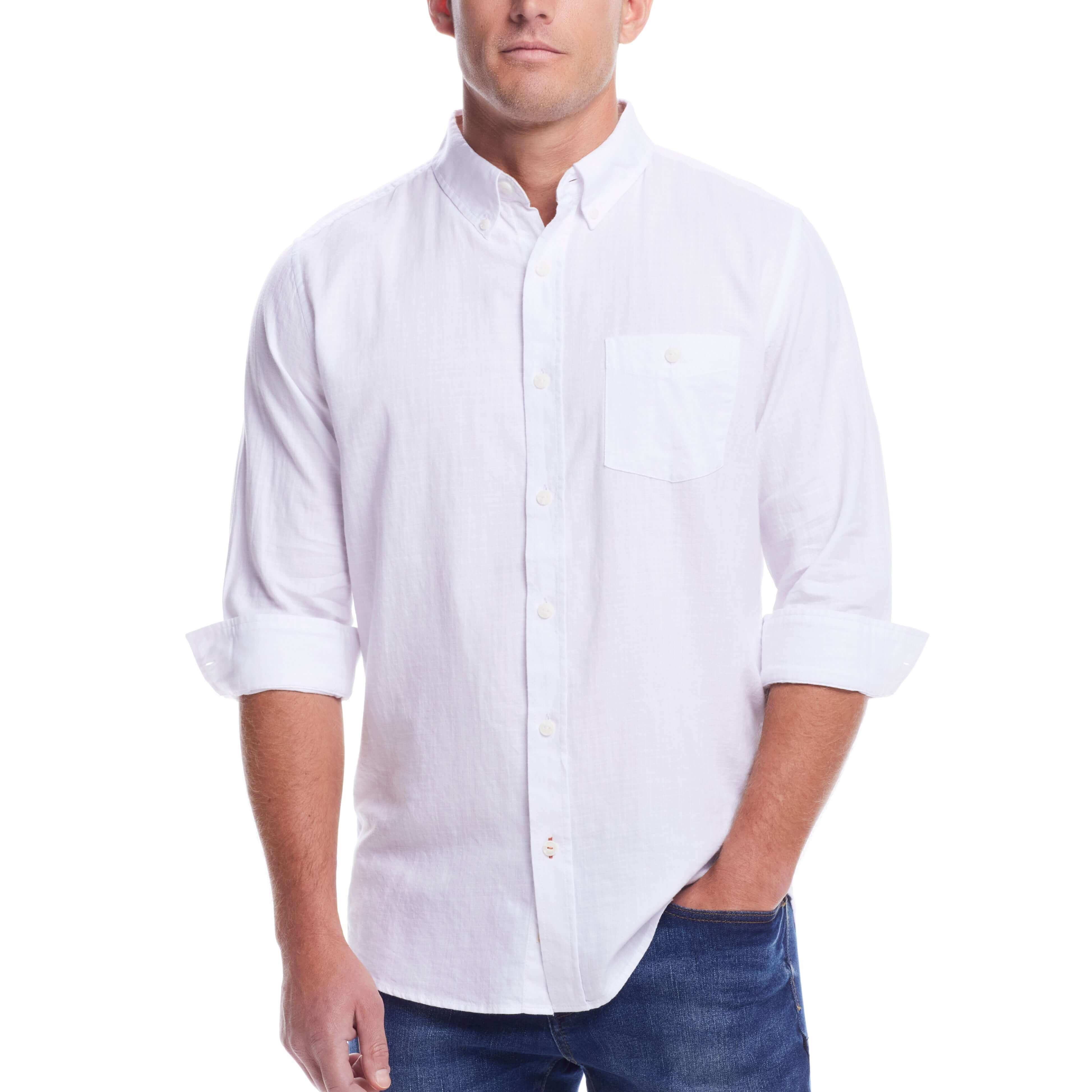 Men's long sleeve solid cotton twill shirt in white with button-down collar and chest pocket.