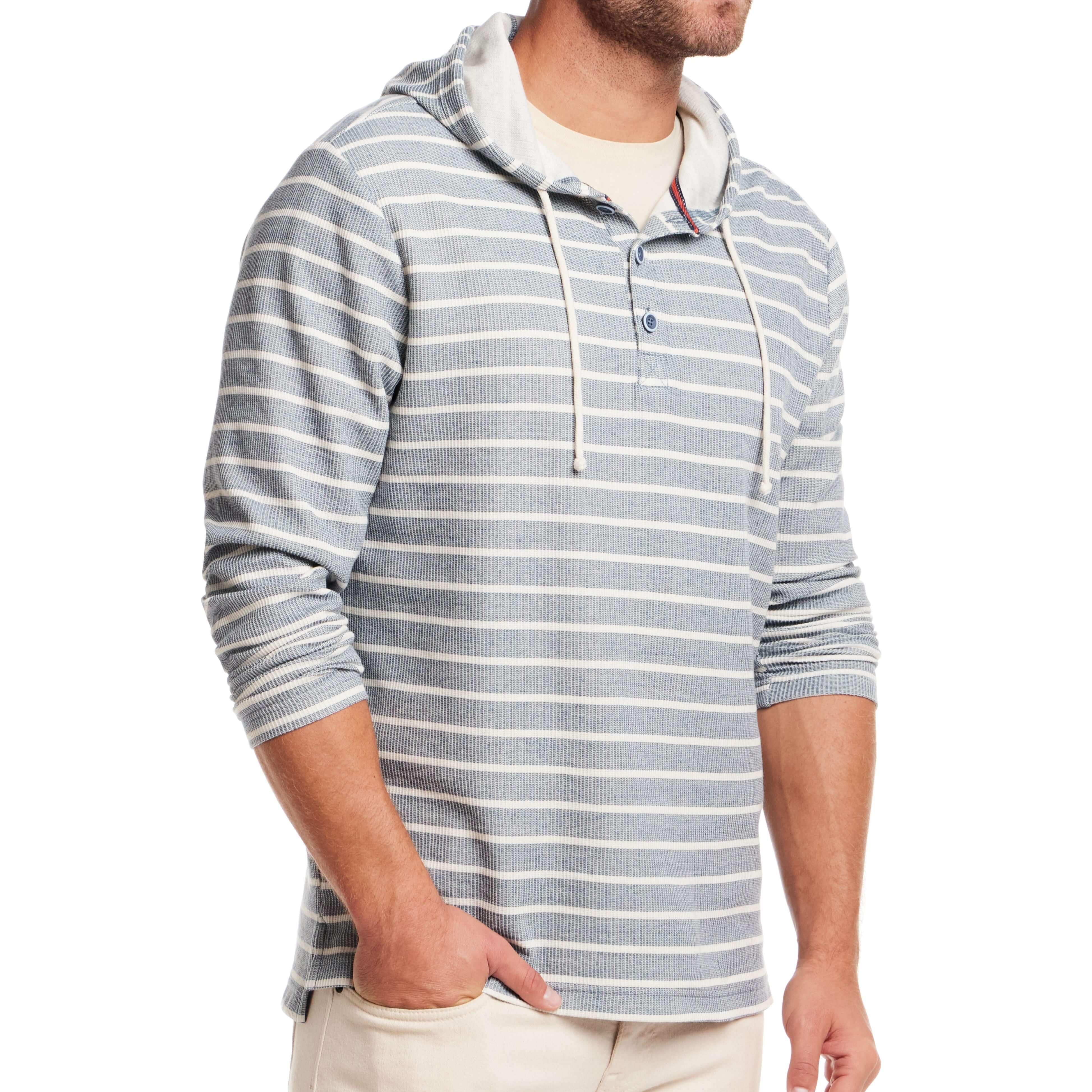 Lightweight blue ashes long sleeve summer hoodie with nautical stripes and drawstring hood for men.