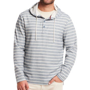 Long sleeve blue ashes hoodie with button placket and drawstring hood, featuring a classic fit and nautical stripes.