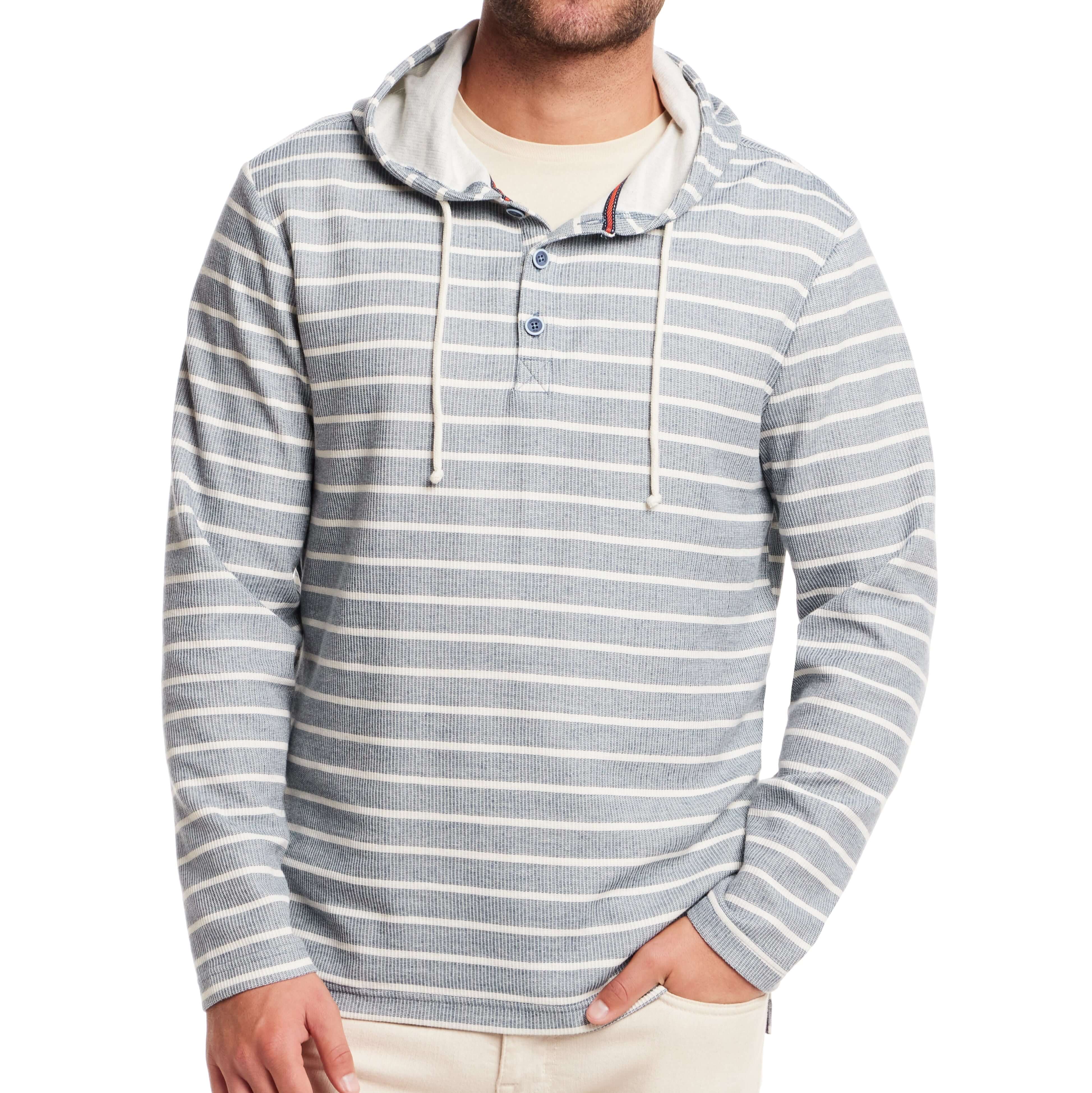Long sleeve blue ashes hoodie with button placket and drawstring hood, featuring a classic fit and nautical stripes.