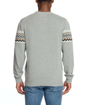 Back view of a pale grey Nordic Crewneck Sweater featuring patterned sleeves, perfect for winter style.