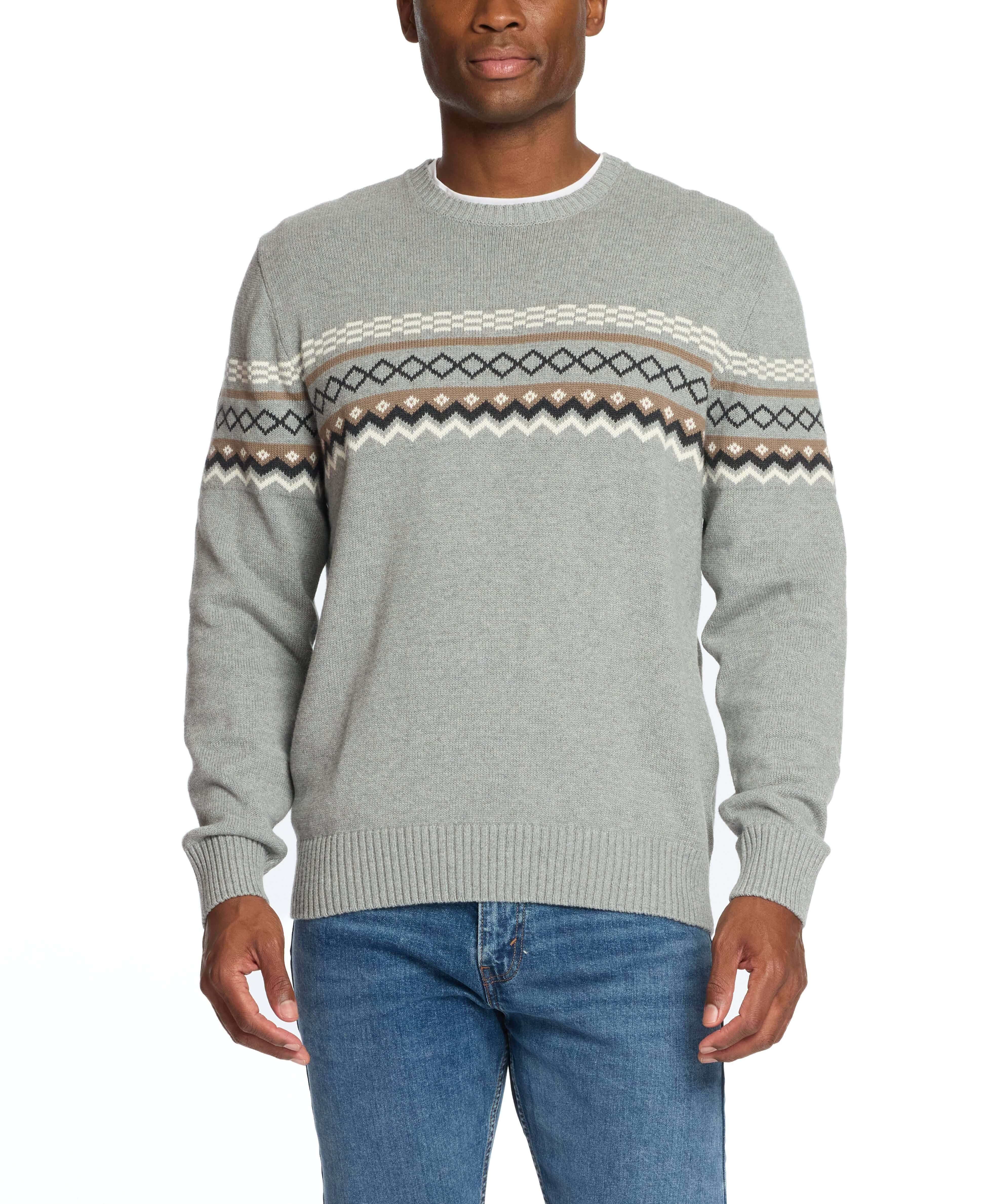 Nordic Crewneck Sweater in Pale Grey, featuring classic design and comfortable fit, worn by a man with jeans.
