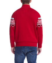 Back view of the Nordic Quarter Zip Sweater in Tartan Red, showcasing its festive pattern and comfortable fit.