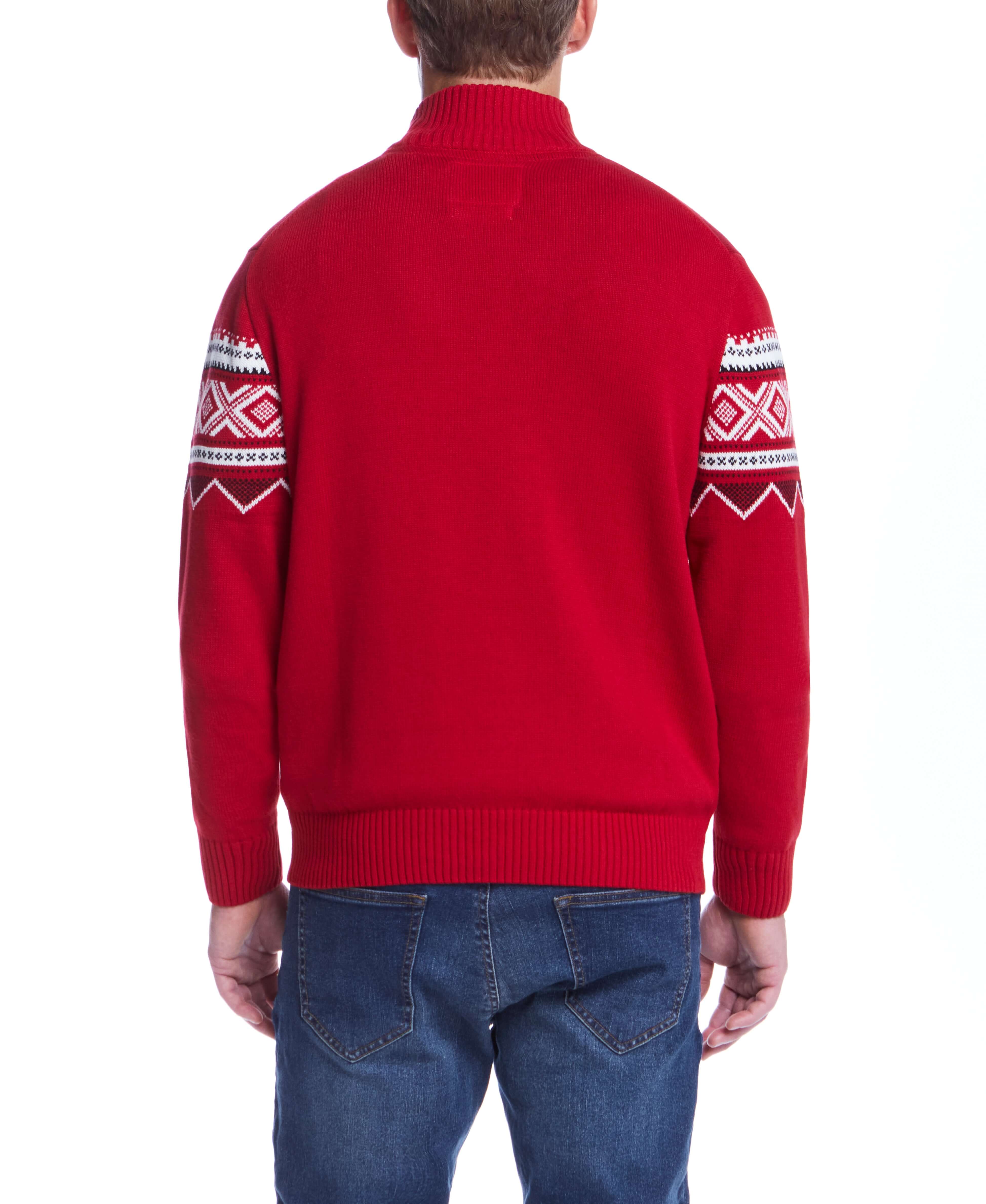 Back view of the Nordic Quarter Zip Sweater in Tartan Red, showcasing its festive pattern and comfortable fit.
