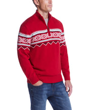 Nordic quarter zip sweater in tartan red with festive geometric patterns, perfect for layering in winter.