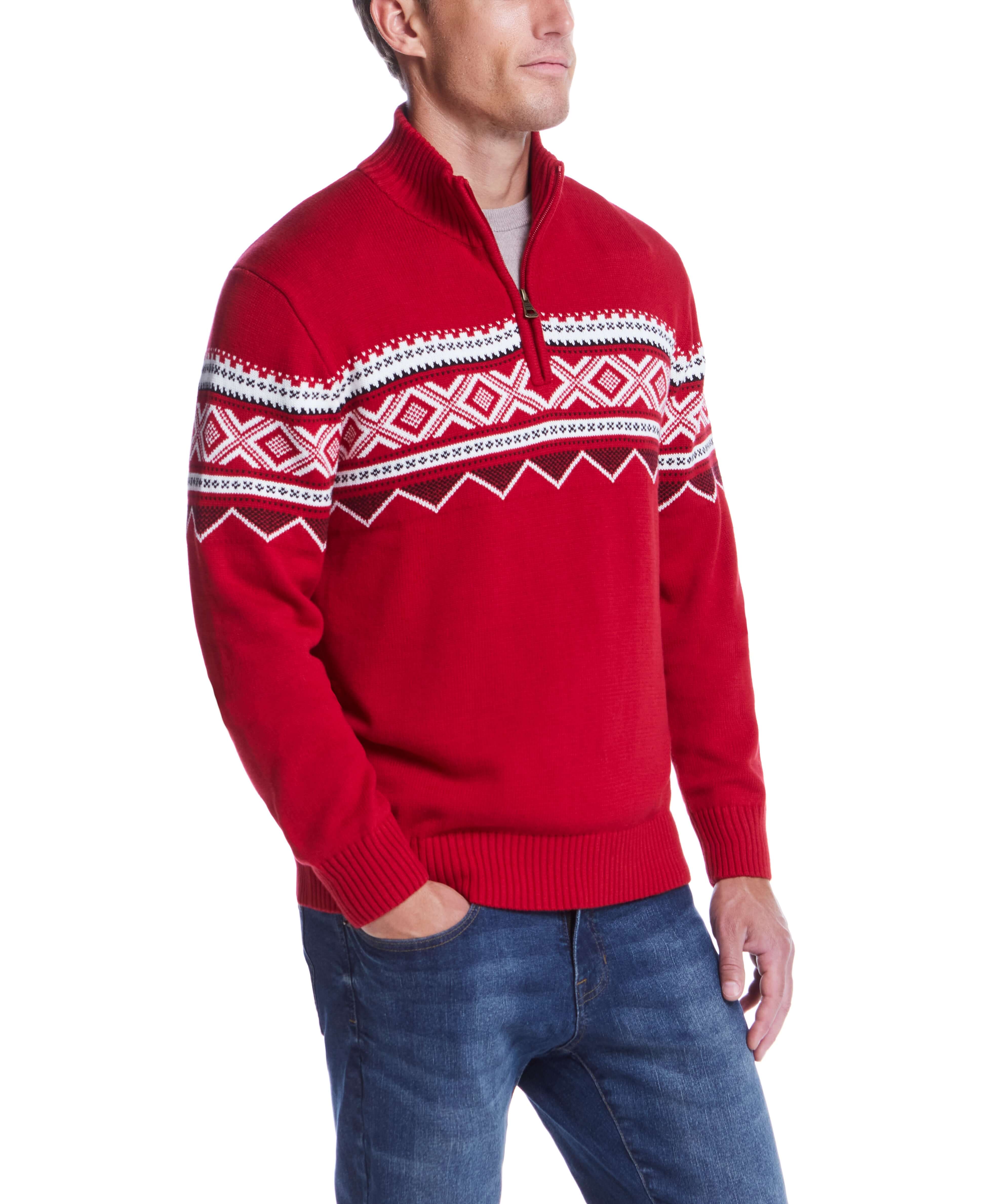 Nordic quarter zip sweater in tartan red with festive geometric patterns, perfect for layering in winter.
