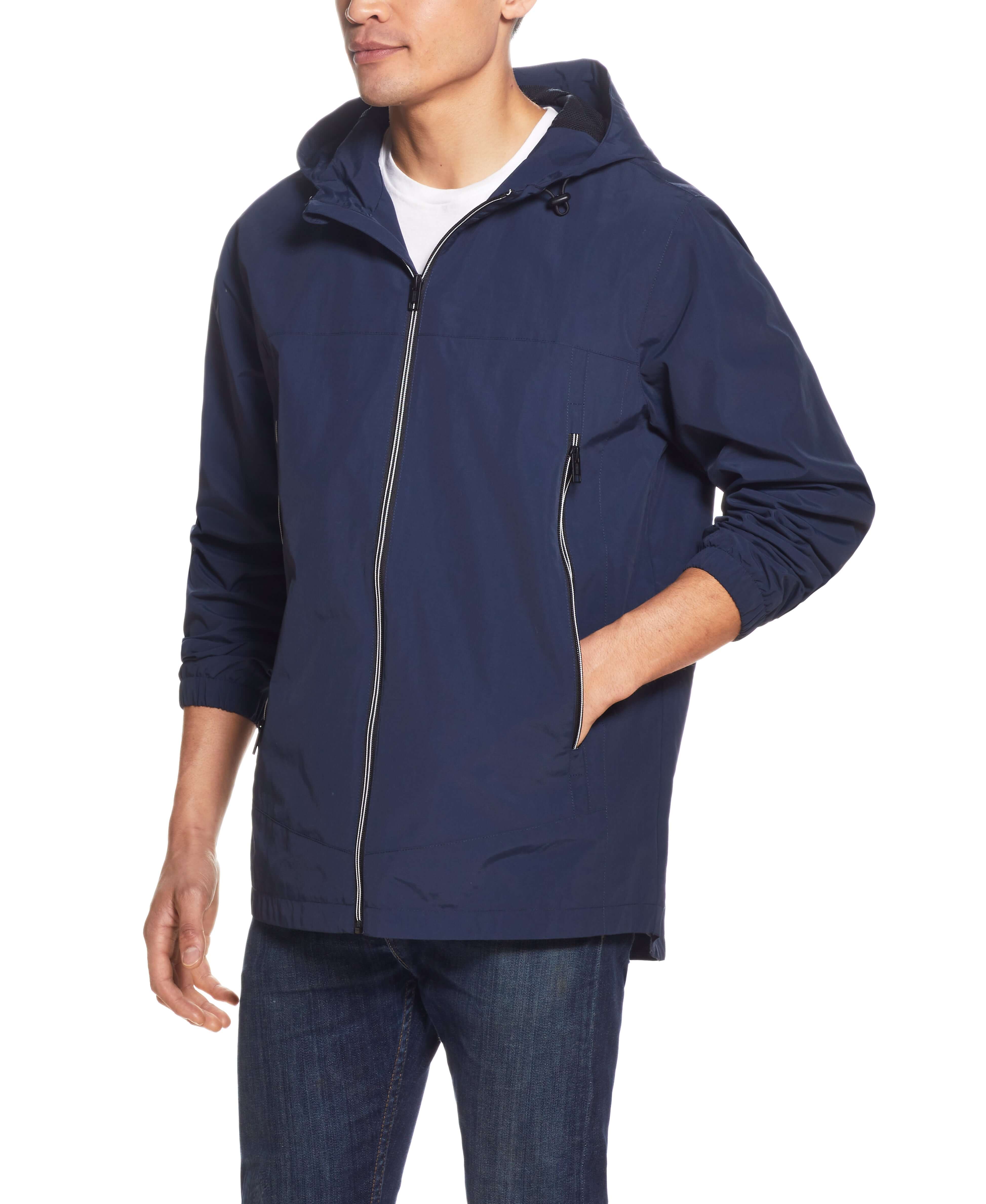 Nylon Zip Front Jacket In Navy, water resistant and wind resistant, suitable for outdoor activities.