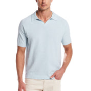 Open collar polo sweater in aqua twist, lightweight cotton knit, perfect for stylish comfort in any setting.