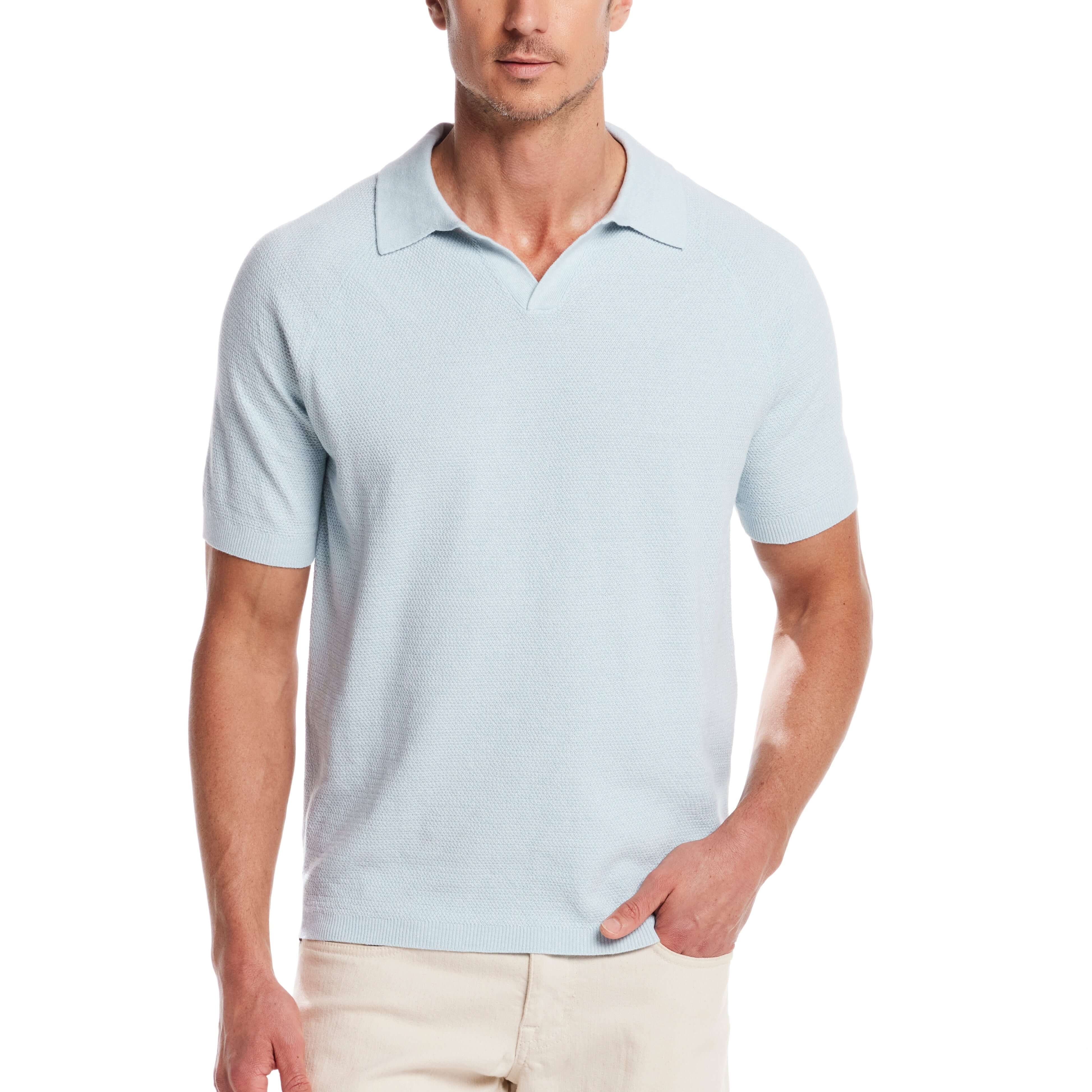 Open collar polo sweater in aqua twist, lightweight cotton knit, perfect for stylish comfort in any setting.