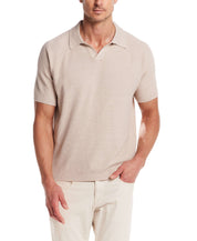 Open collar polo sweater in oat twist, showcasing a comfortable and stylish design with short sleeves.