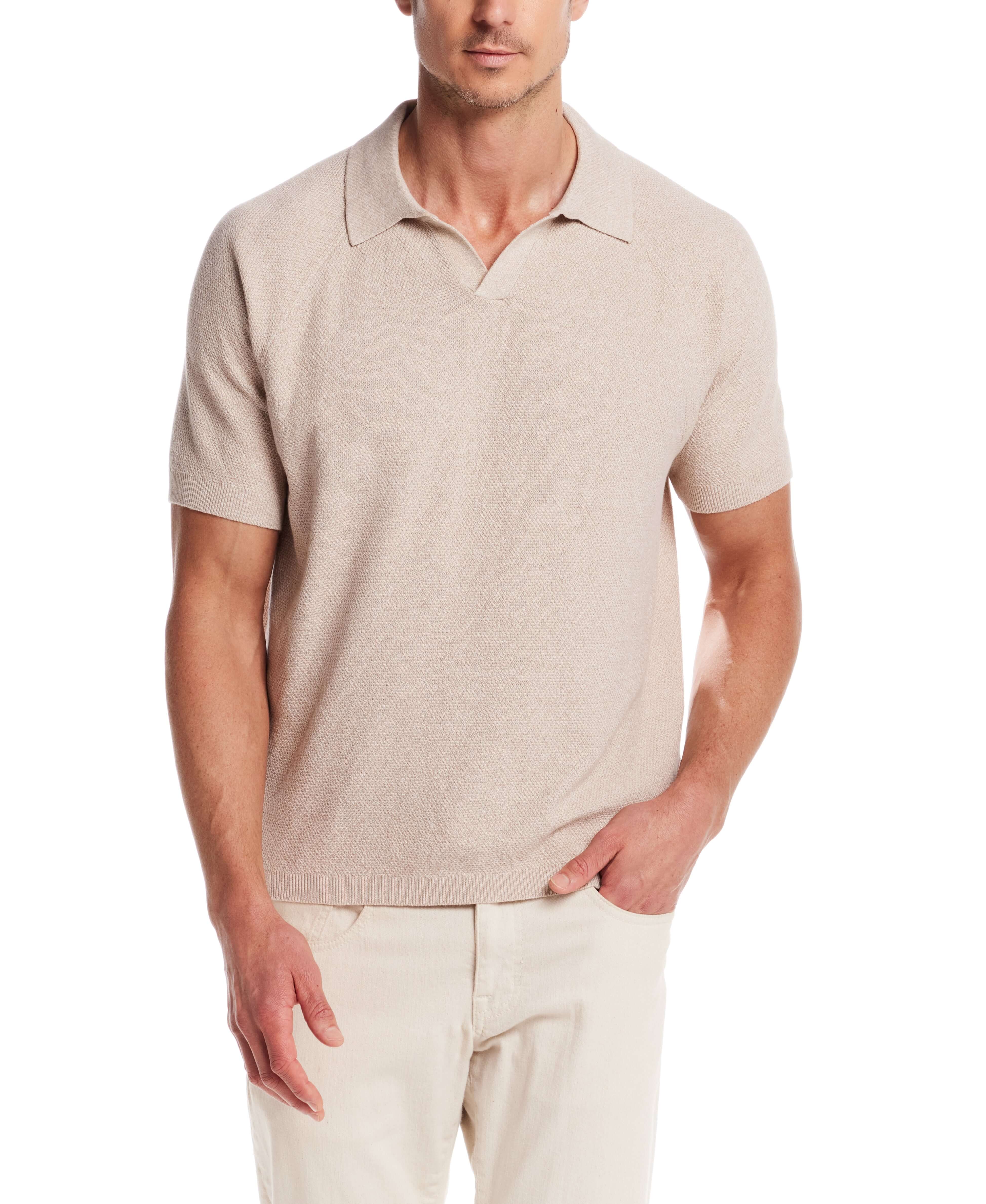 Open collar polo sweater in oat twist, showcasing a comfortable and stylish design with short sleeves.