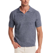 Model wearing an Open Collar Polo Sweater in Sailor Twist, showcasing its sophisticated yet comfortable design.