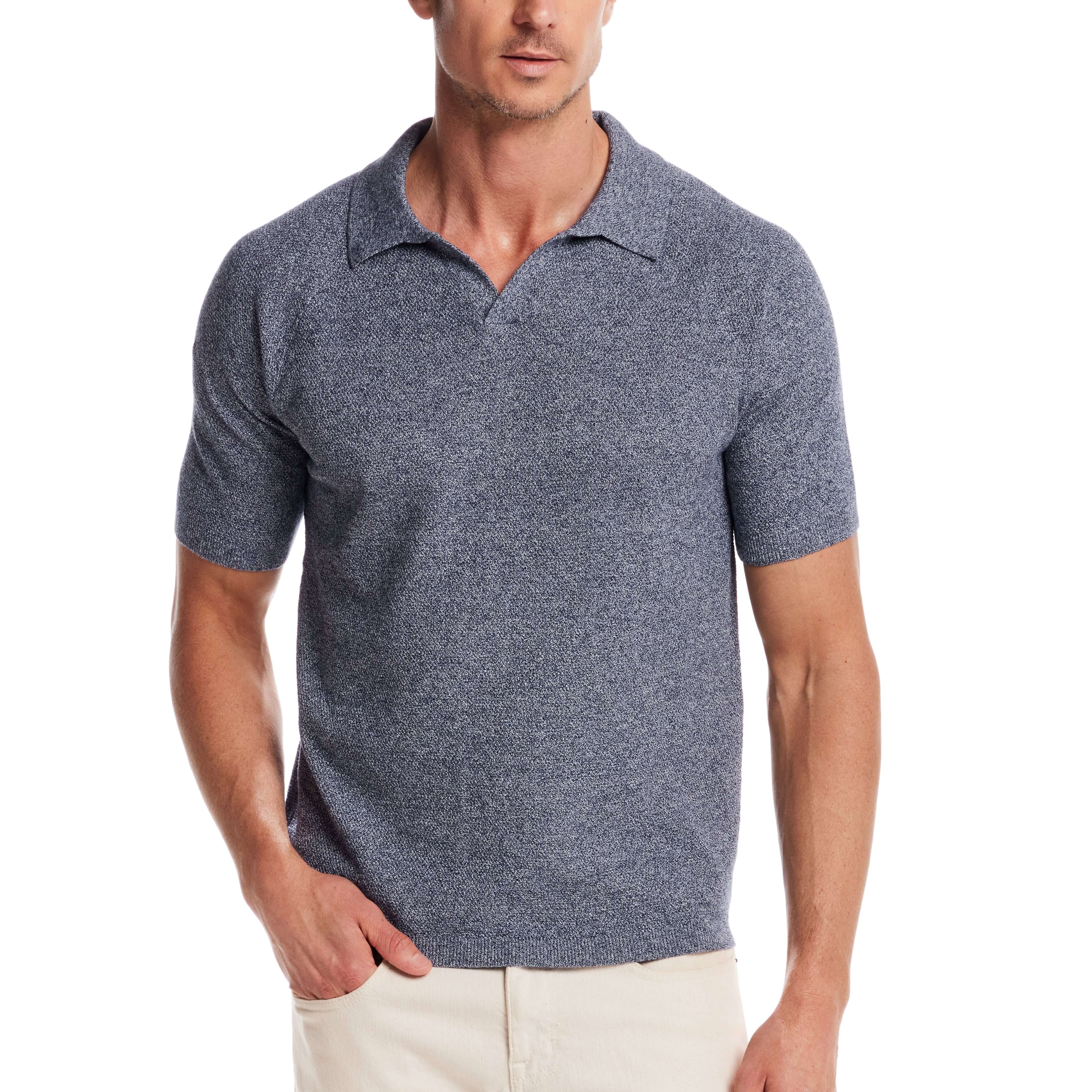 Model wearing an Open Collar Polo Sweater in Sailor Twist, showcasing its sophisticated yet comfortable design.