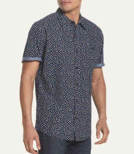 Peached Poplin Mini Print In Polar Night short sleeve shirt, navy with white and red mini print design, front view