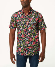 Poplin Floral Print In Blue Night - Men's floral button down shirt with cuffed short sleeves and vibrant patterns.