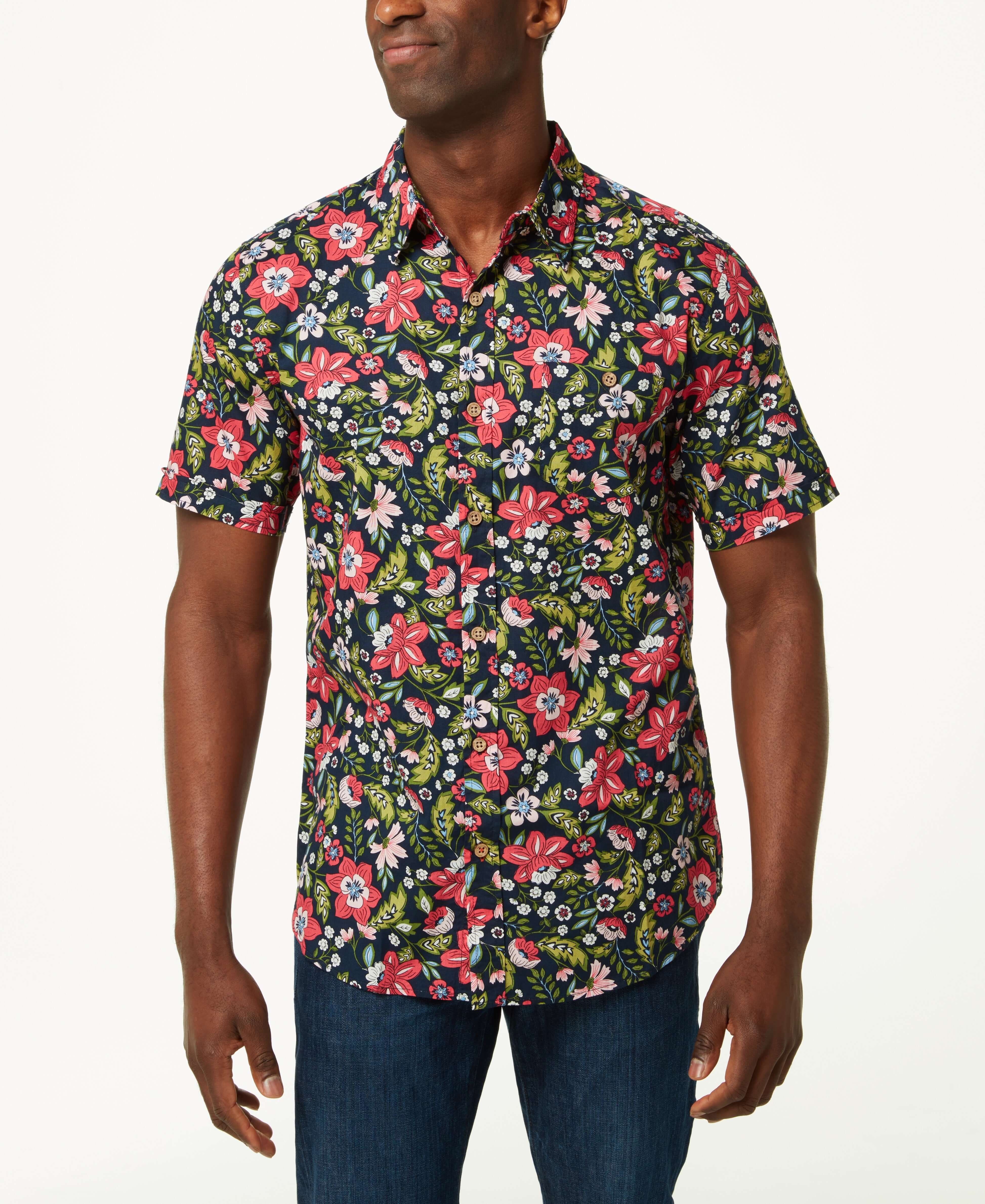 Poplin Floral Print In Blue Night - Men's floral button down shirt with cuffed short sleeves and vibrant patterns.