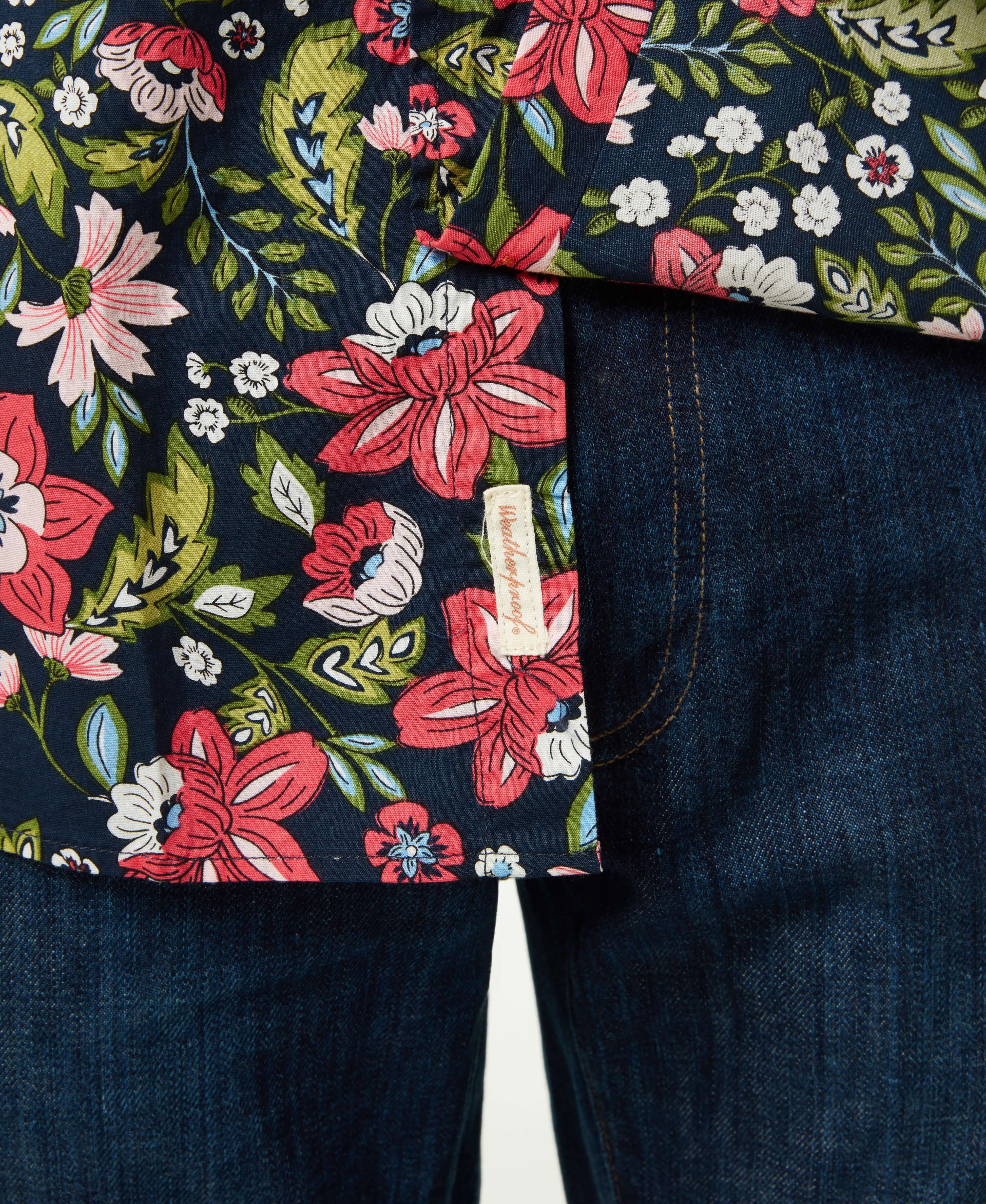 Close-up of Poplin Floral Print In Blue Night shirt showcasing bright floral patterns and soft cotton fabric.