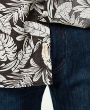 Poplin Floral Print In Forged Iron shirt detail with floral design and denim background