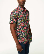 Poplin Floral Print In Blue Night shirt featuring vibrant floral design and short sleeves for a stylish summer look.
