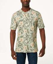 Printed Short Sleeve Henley In Antique White worn by a man with a floral pattern.
