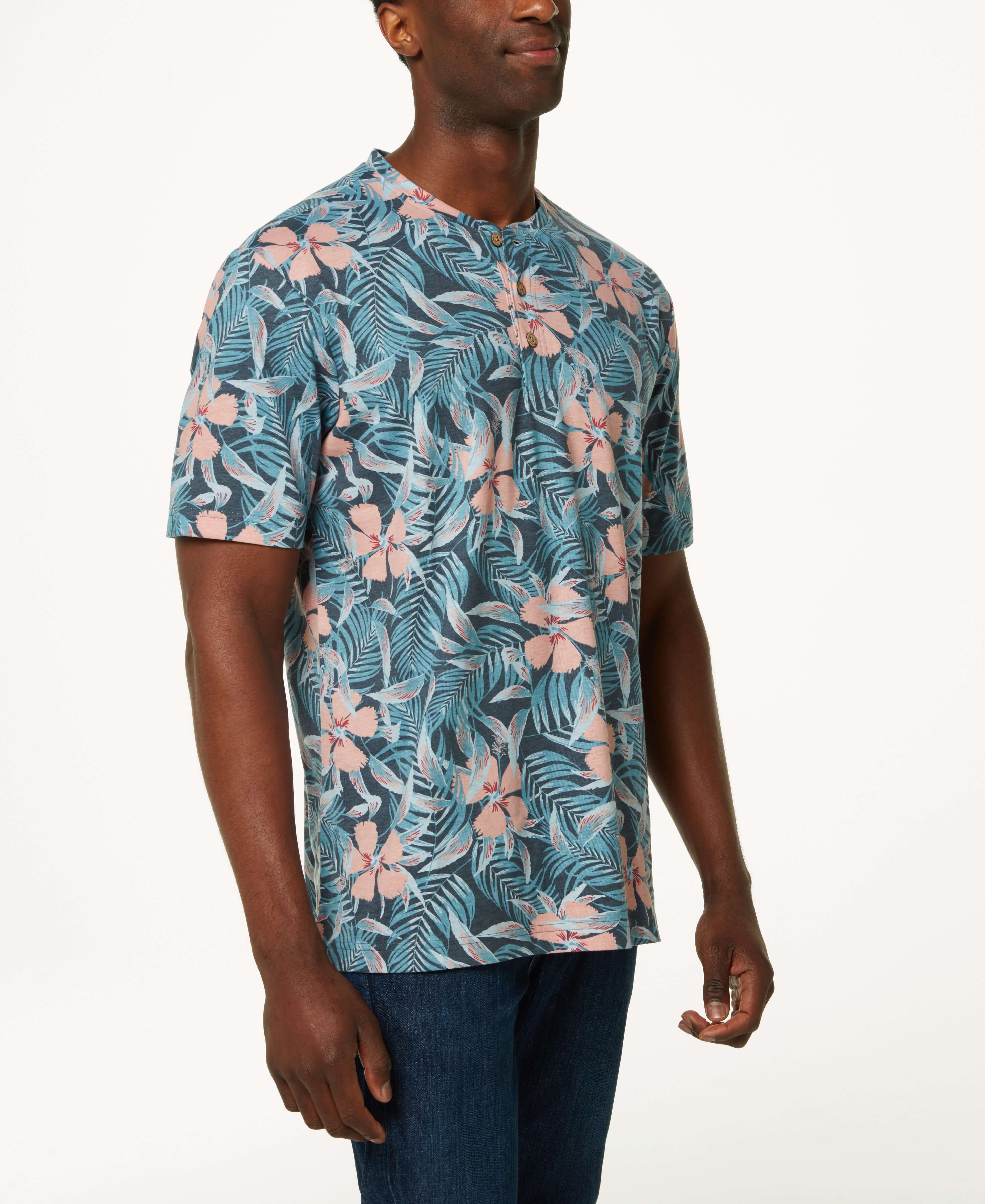 Printed Short Sleeve Henley In Dress Blue featuring a floral design, perfect for casual outings.