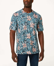 Printed Short Sleeve Henley In Dress Blue featuring a vibrant floral design and comfortable fit for everyday wear.