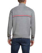 Quarter Zip Sweater With Chest Stripes In Medium Gray Heather, back view showcasing stylish chest stripe detail.