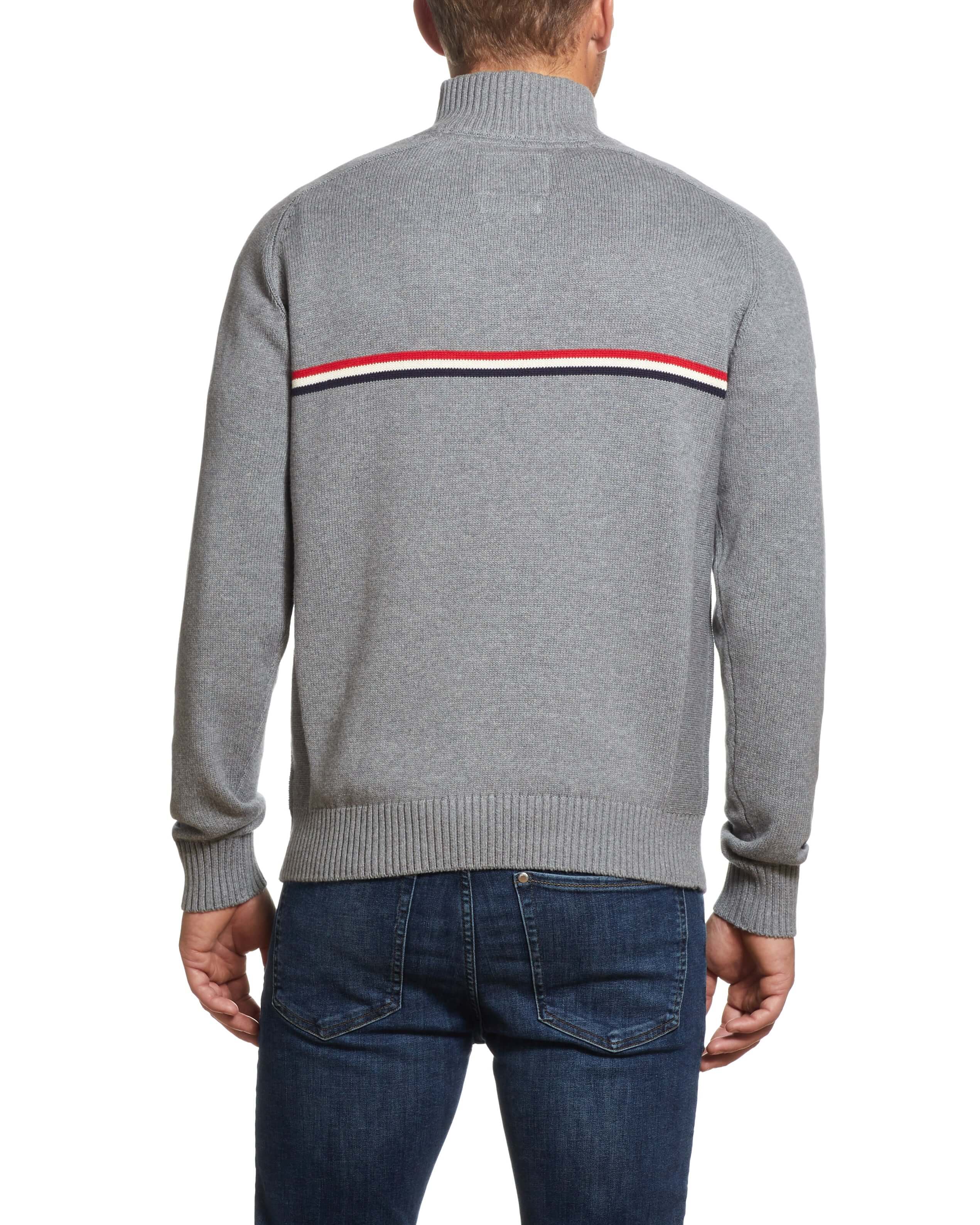 Quarter Zip Sweater With Chest Stripes In Medium Gray Heather, back view showcasing stylish chest stripe detail.