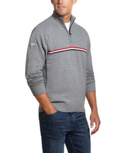 Quarter Zip Sweater With Chest Stripes In Medium Gray Heather worn by a man, featuring a stylish zipper and striped design.