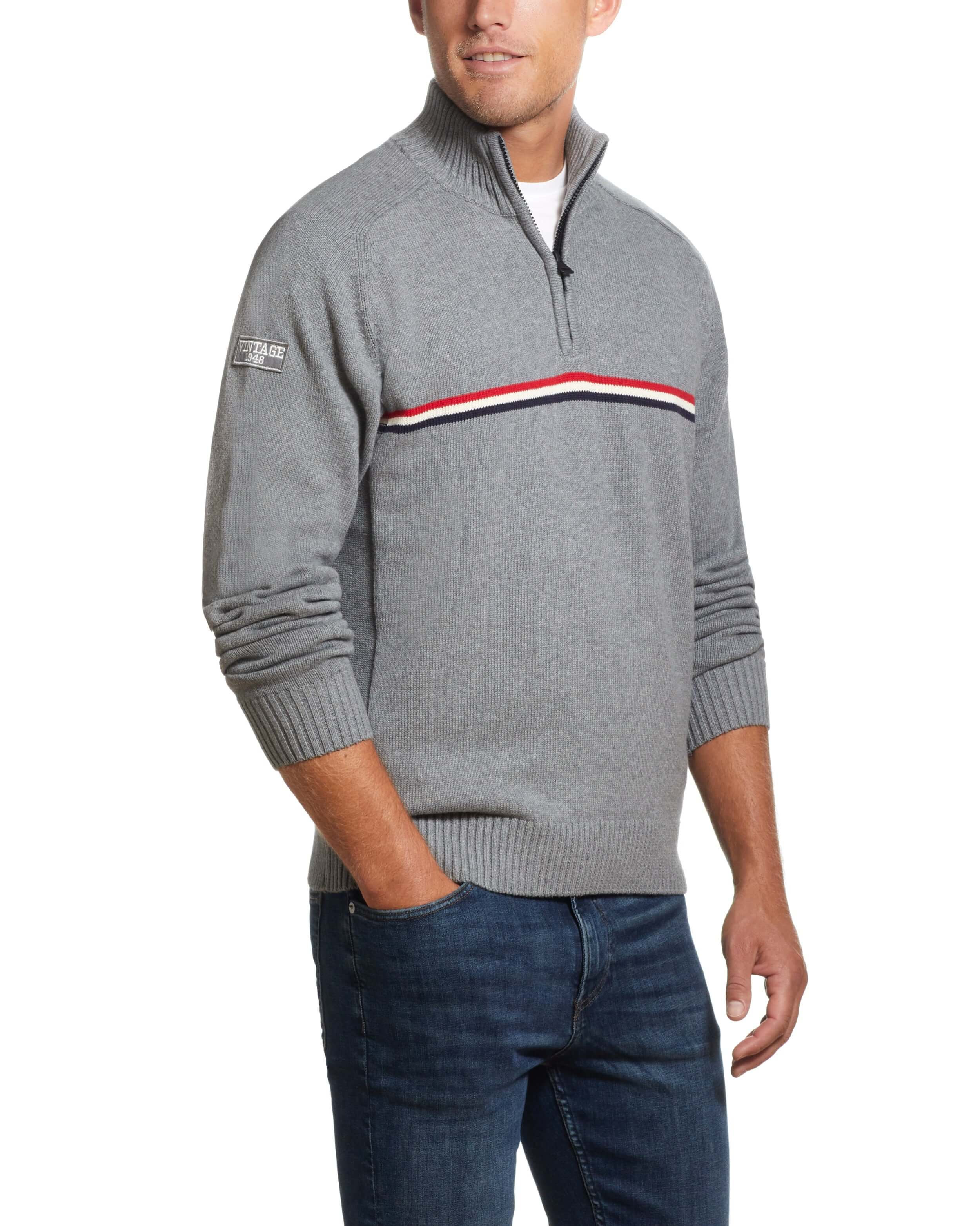 Quarter Zip Sweater With Chest Stripes In Medium Gray Heather worn by a man, featuring a stylish zipper and striped design.