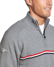 Quarter Zip Sweater With Chest Stripes In Medium Gray Heather modeled by a man showing the stylish neckline and striped detail.