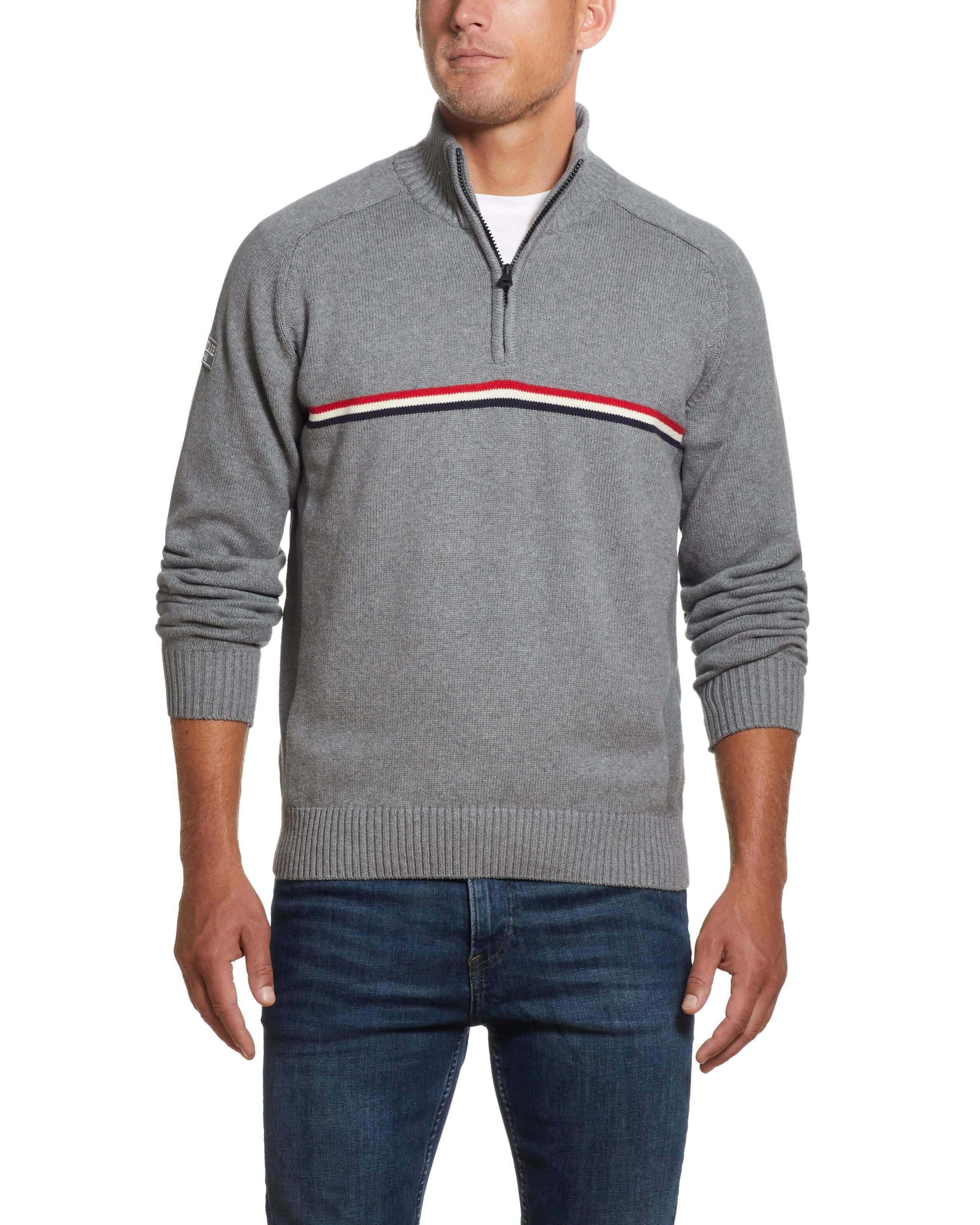 Quarter Zip Sweater With Chest Stripes In Medium Gray Heather worn by a man, featuring a stylish design and relaxed fit.