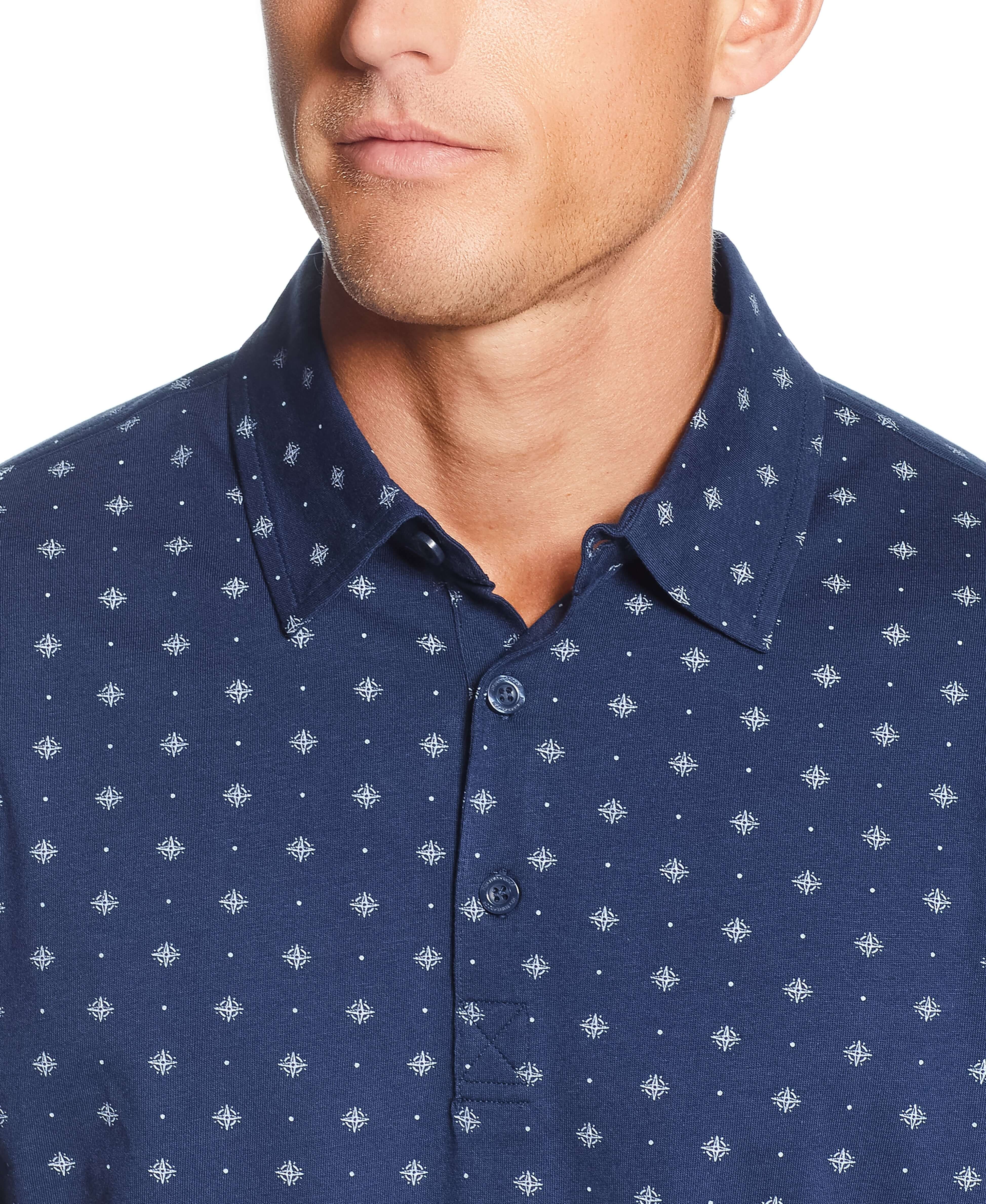 Short Sleeve Allover Print Jersey Polo In Dress Blues featuring a compass mini print design and button placket.